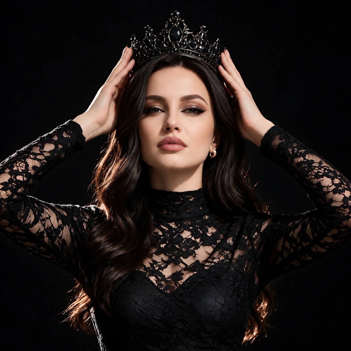 Nani Ibragim wearing a black crown and lace dress
