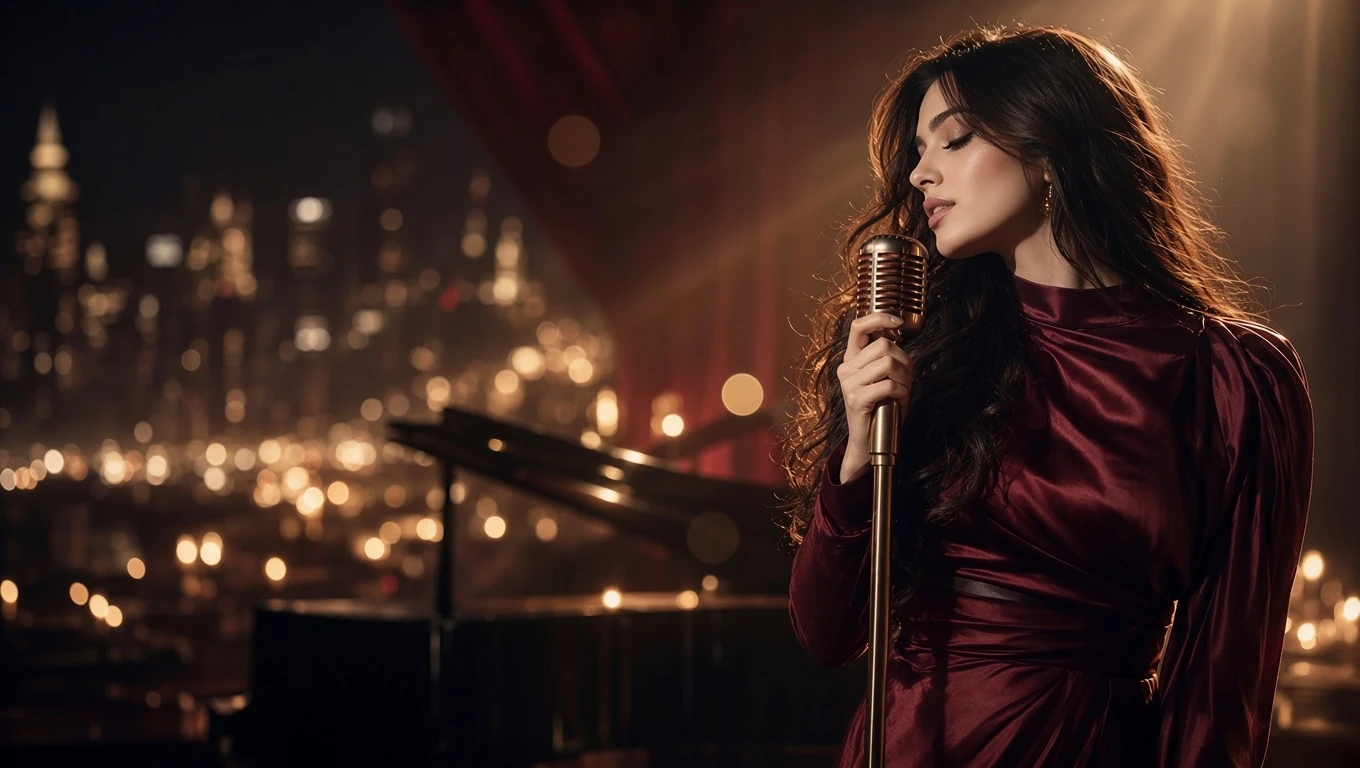 Nani Ibragim singing at a golden microphone on a night stage